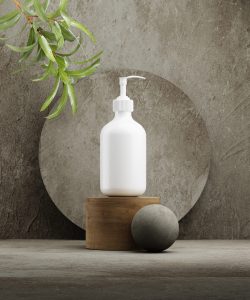 Pedestal for natural cosmetic product presentation. Stone and wood cylinders with plant leaves. 3d illustration.